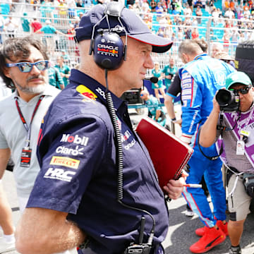 May 4, 2024; Miami Gardens, Florida, USA; Red Bull pioneering engineer and Chief Technical officer Adrian Newey on the grid before the F1 Sprint Race at Miami International Autodrome. Mandatory Credit: John David Mercer-Imagn Images