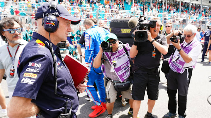 May 4, 2024; Miami Gardens, Florida, USA; Red Bull pioneering engineer and Chief Technical officer Adrian Newey on the grid before the F1 Sprint Race at Miami International Autodrome. Mandatory Credit: John David Mercer-Imagn Images