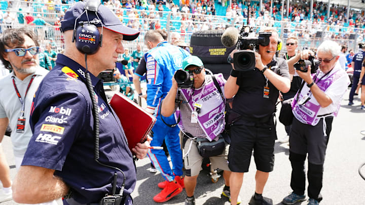 May 4, 2024; Miami Gardens, Florida, USA; Red Bull pioneering engineer and Chief Technical officer Adrian Newey on the grid before the F1 Sprint Race at Miami International Autodrome. Mandatory Credit: John David Mercer-Imagn Images