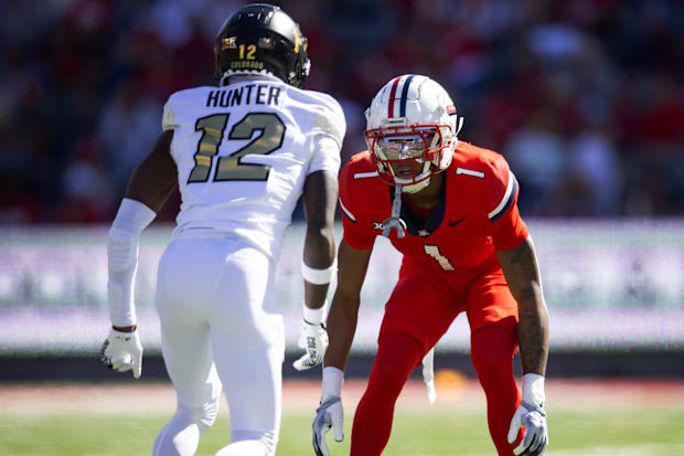 Colorado Buffaloes wide receiver Travis Hunter against Arizona Wildcats cornerback Tacario Davis at Arizona Stadium.