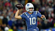 Nov 13, 2025; Foxborough, Massachusetts, USA; New England Patriots quarterback Drake Maye (10) makes a pass during the first half against the New York Jets at Gillette Stadium. Mandatory Credit: David Butler II-Imagn Images