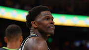 May 10, 2025; San Francisco, California, USA; Minnesota Timberwolves guard Anthony Edwards (5) smirks after being fouled by the Golden State Warriors in the fourth quarter during game three in the second round for the 2025 NBA Playoffs at Chase Center. Mandatory Credit: David Gonzales-Imagn Images