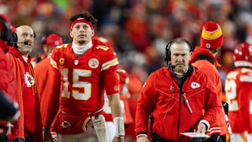 Jan 26, 2025; Kansas City, MO, USA; Kansas City Chiefs quarterback Patrick Mahomes (15) alongside defensive coordinator Steve Spagnuolo against the Buffalo Bills during the AFC Championship game at GEHA Field at Arrowhead Stadium. Mandatory Credit: Mark J. Rebilas-Imagn Images