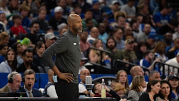 Mar 29, 2025; Orlando, Florida, USA; Orlando Magic head coach Jamahl Mosley (hc) on the sideline against the Sacramento Kings in the second quarter at Kia Center. Mandatory Credit: Jeremy Reper-Imagn Images