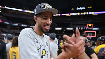 Indiana Pacers guard Tyrese Haliburton celebrating after playing against the New York Knicks for the 2025 NBA Playoffs