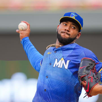 Minnesota Twins pitcher Simeon Woods Richardson (78) pitches against the Oakland Athletics in the first inning at Target Field in Minneapolis on June 14, 2024. 