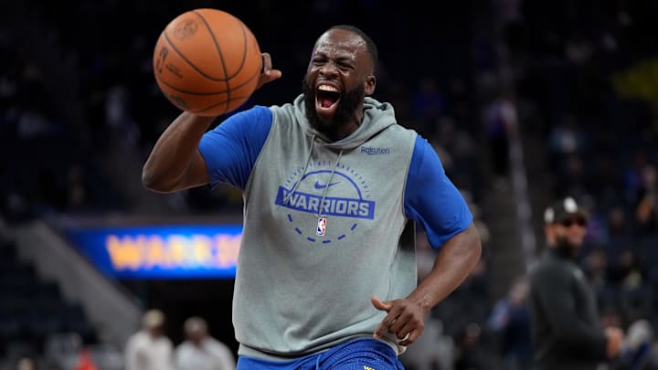 Jan 30, 2026; San Francisco, California, USA; Golden State Warriors forward Draymond Green (23) warms up before a game against the Detroit Pistons at the Chase Center. Mandatory Credit: Cary Edmondson-Imagn Images