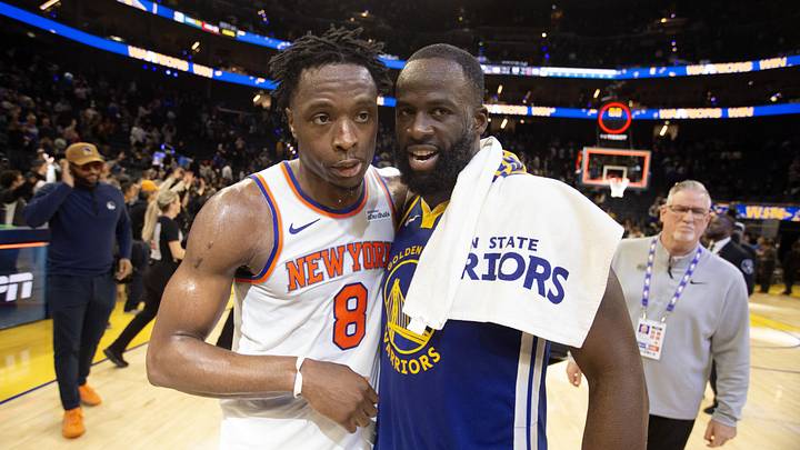 Jan 15, 2026; San Francisco, California, USA; New York Knicks forward OG Anunoby (8) and Golden State Warriors forward Draymond Green (23) speak following their game at Chase Center. Mandatory Credit: D. Ross Cameron-Imagn Images