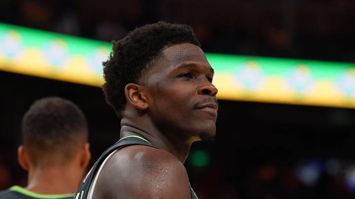 May 10, 2025; San Francisco, California, USA; Minnesota Timberwolves guard Anthony Edwards (5) smirks after being fouled by the Golden State Warriors in the fourth quarter during game three in the second round for the 2025 NBA Playoffs at Chase Center. Mandatory Credit: David Gonzales-Imagn Images