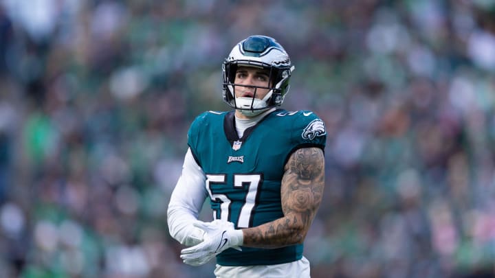 Dec 31, 2023; Philadelphia, Pennsylvania, USA; Philadelphia Eagles linebacker Ben VanSumeren (57) in a game against the Arizona Cardinals at Lincoln Financial Field. Mandatory Credit: Bill Streicher-USA TODAY Sports