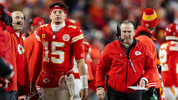 Jan 26, 2025; Kansas City, MO, USA; Kansas City Chiefs quarterback Patrick Mahomes (15) alongside defensive coordinator Steve Spagnuolo against the Buffalo Bills during the AFC Championship game at GEHA Field at Arrowhead Stadium. Mandatory Credit: Mark J. Rebilas-Imagn Images