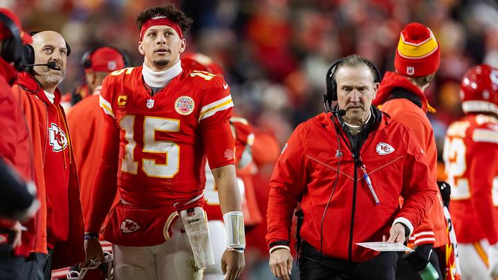 Jan 26, 2025; Kansas City, MO, USA; Kansas City Chiefs quarterback Patrick Mahomes (15) alongside defensive coordinator Steve Spagnuolo against the Buffalo Bills during the AFC Championship game at GEHA Field at Arrowhead Stadium. Mandatory Credit: Mark J. Rebilas-Imagn Images