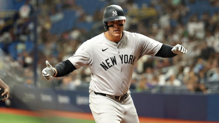 May 10, 2024; St. Petersburg, Florida, USA;  New York Yankees first base Anthony Rizzo (48) celebrates after he hits a home run against the Tampa Bay Rays during the ninth inning at Tropicana Field. Mandatory Credit: Kim Klement Neitzel-USA TODAY Sports