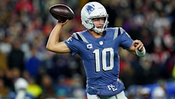 Nov 13, 2025; Foxborough, Massachusetts, USA; New England Patriots quarterback Drake Maye (10) makes a pass during the first half against the New York Jets at Gillette Stadium. Mandatory Credit: David Butler II-Imagn Images