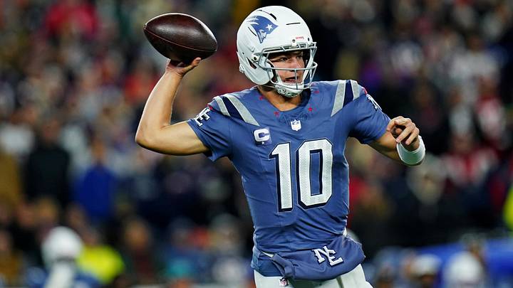 Nov 13, 2025; Foxborough, Massachusetts, USA; New England Patriots quarterback Drake Maye (10) makes a pass during the first half against the New York Jets at Gillette Stadium. Mandatory Credit: David Butler II-Imagn Images
