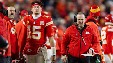 Jan 26, 2025; Kansas City, MO, USA; Kansas City Chiefs quarterback Patrick Mahomes (15) alongside defensive coordinator Steve Spagnuolo against the Buffalo Bills during the AFC Championship game at GEHA Field at Arrowhead Stadium. Mandatory Credit: Mark J. Rebilas-Imagn Images