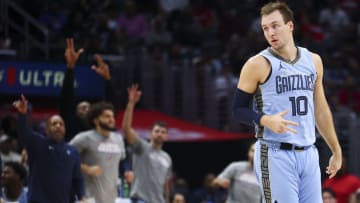 Nov 12, 2023; Los Angeles, California, USA; Memphis Grizzlies guard Luke Kennard (10) gestures after making a three point basket during the second half of a game against the LA Clippers at Crypto.com Arena. Mandatory Credit: Jessica Alcheh-USA TODAY Sports