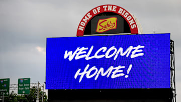 Sahlen Field's centerfield videoboard is shown before the Buffalo Bisons take the field for a game.
