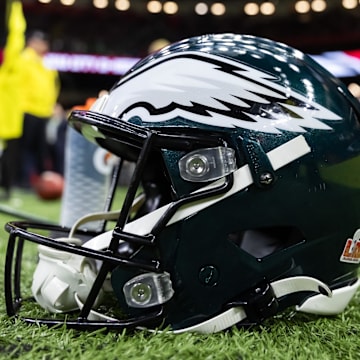 Feb 9, 2025; New Orleans, LA, USA; Detailed view of a Philadelphia Eagles helmet during Super Bowl LIX at Ceasars Superdome. Mandatory Credit: Mark J. Rebilas-Imagn Images
