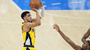 Indiana Pacers guard Tyrese Haliburton shoots the ball against the Oklahoma City Thunder.
