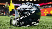 Feb 9, 2025; New Orleans, LA, USA; Detailed view of a Philadelphia Eagles helmet during Super Bowl LIX at Ceasars Superdome. Mandatory Credit: Mark J. Rebilas-Imagn Images