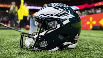 Feb 9, 2025; New Orleans, LA, USA; Detailed view of a Philadelphia Eagles helmet during Super Bowl LIX at Ceasars Superdome. Mandatory Credit: Mark J. Rebilas-Imagn Images