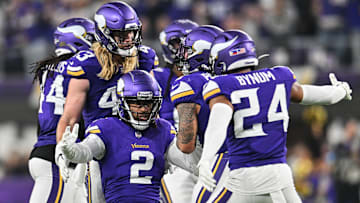 Nov 3, 2024; Minneapolis, Minnesota, USA; Minnesota Vikings cornerback Stephon Gilmore (2) and linebacker Andrew Van Ginkel (43) and safety Camryn Bynum (24) react during the fourth quarter against the Indianapolis Colts at U.S. Bank Stadium. Vikings might be desperate enough to bring back a player fans never expected
