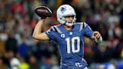 Nov 13, 2025; Foxborough, Massachusetts, USA; New England Patriots quarterback Drake Maye (10) makes a pass during the first half against the New York Jets at Gillette Stadium. Mandatory Credit: David Butler II-Imagn Images