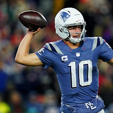 Nov 13, 2025; Foxborough, Massachusetts, USA; New England Patriots quarterback Drake Maye (10) makes a pass during the first half against the New York Jets at Gillette Stadium. Mandatory Credit: David Butler II-Imagn Images