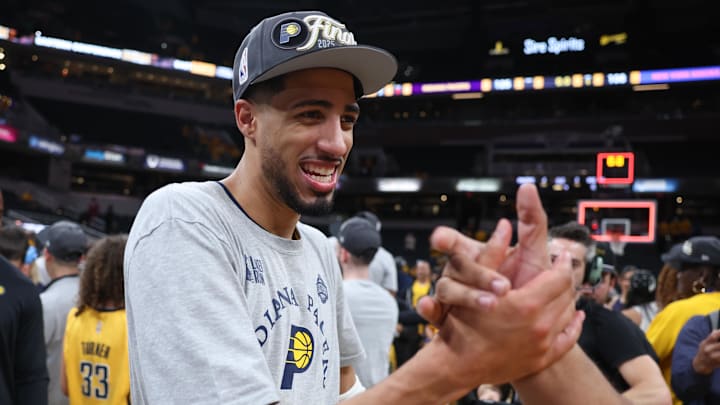 Indiana Pacers guard Tyrese Haliburton reacts after game six of the eastern conference finals against the New York Knicks for the 2025 NBA Playoffs at Gainbridge Fieldhouse. 