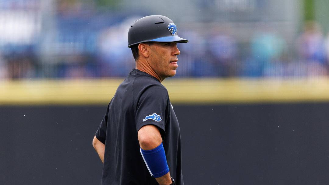 Jun 1, 2024; Lexington, KY, USA; Kentucky Wildcats head coach Nick Mingione stands on the field before a game against the Illinois Fighting Illini at Kentucky Proud Park. Mandatory Credit: Jordan Prather-Imagn Images Jun 1, 2024; Lexington, KY, USA; Kentucky Wildcats head coach Nick Mingione stands on the field before a game against the Illinois Fighting Illini at Kentucky Proud Park. Mandatory Credit: Jordan Prather-Imagn Images
