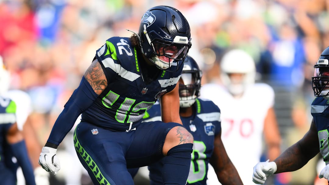 Nov 9, 2025; Seattle, Washington, USA; Seattle Seahawks linebacker Drake Thomas (42) celebrates a defensive stop during the first quarter against the Arizona Cardinals at Lumen Field.