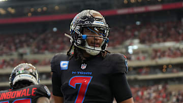 Oct 26, 2025; Houston, Texas, USA; Houston Texans quarterback C.J. Stroud (7) reacts during the second half against the San Francisco 49ers at NRG Stadium.