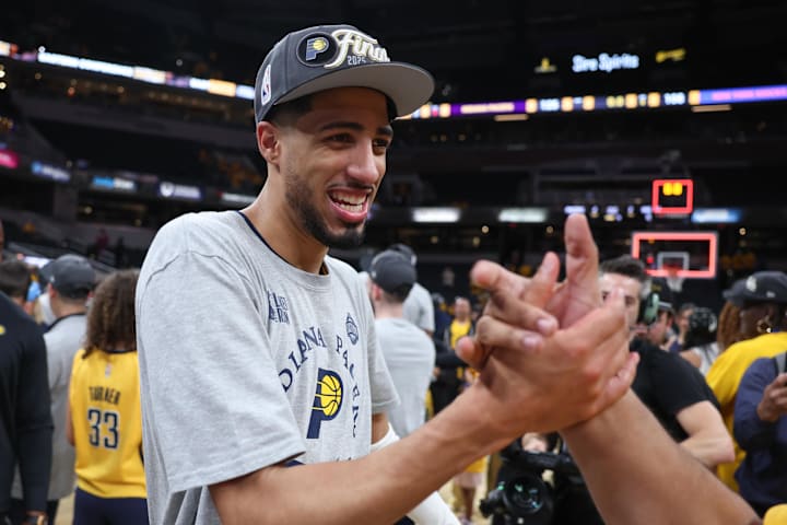 Indiana Pacers guard Tyrese Haliburton reacts after Game 6 of the Eastern Conference Finals against the New York Knicks.