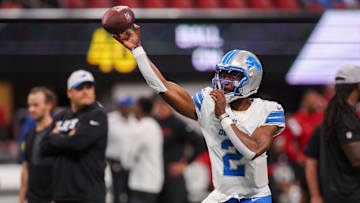 Aug 8, 2025; Atlanta, Georgia, USA; Detroit Lions quarterback Hendon Hooker (2) warms up before a game against the Atlanta Falcons at Mercedes-Benz Stadium. Mandatory Credit: Brett Davis-Imagn Images