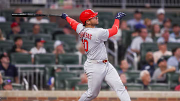 Apr 21, 2025; Atlanta, Georgia, USA; St. Louis Cardinals first baseman Willson Contreras (40) hits a two-run home run against the Atlanta Braves in the ninth inning at Truist Park. Mandatory Credit: Brett Davis-Imagn Images