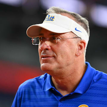 Oct 18, 2025; Syracuse, New York, USA; Pittsburgh Panthers head coach Pat Narduzzi looks on prior to the game against the Syracuse Orange at the JMA Wireless Dome. Mandatory Credit: Rich Barnes-Imagn Images