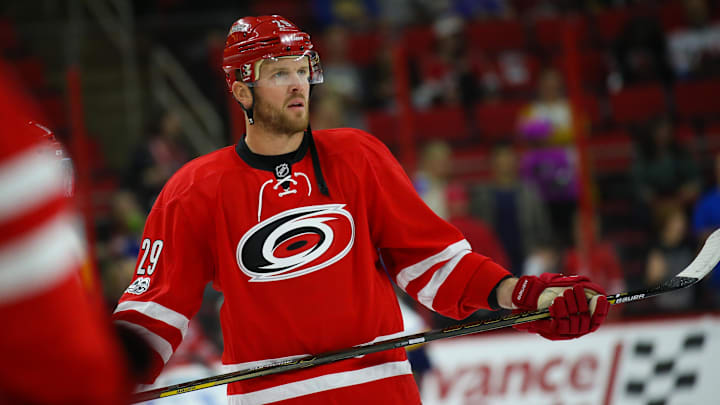 Apr 8, 2017; Raleigh, NC, USA;  Carolina Hurricanes forward Bryan Bickell (29) looks on during the game against the St. Louis Blues at PNC Arena. The Blues defeated the Hurricanes 5-4 in a shoot out. Mandatory Credit: James Guillory-Imagn Images