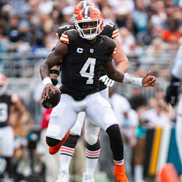 Sep 15, 2024; Jacksonville, Florida, USA; Cleveland Browns quarterback Deshaun Watson (4) scrambles against the Jacksonville Jaguars in the second quarter at EverBank Stadium. Mandatory Credit: Jeremy Reper-Imagn Images