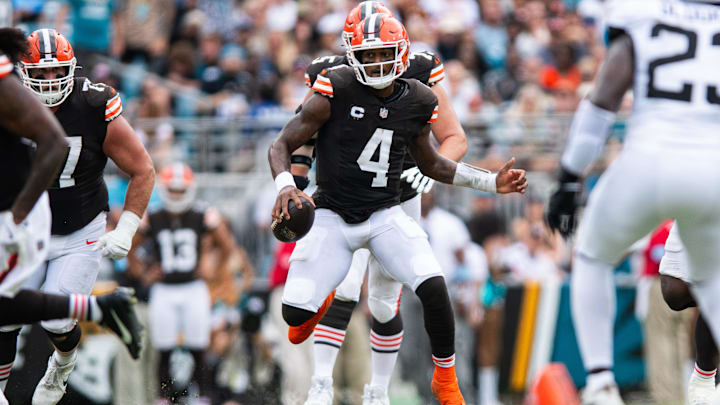 Sep 15, 2024; Jacksonville, Florida, USA; Cleveland Browns quarterback Deshaun Watson (4) scrambles against the Jacksonville Jaguars in the second quarter at EverBank Stadium. Mandatory Credit: Jeremy Reper-Imagn Images