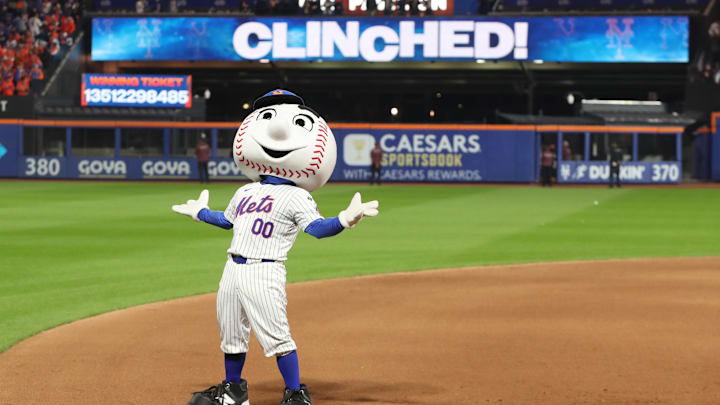 Oct 9, 2024; New York, New York, USA; New York Mets mascot Mr. Met performs on the field after game four of the NLDS for the 2024 MLB Playoffs against the Philadelphia Phillies at Citi Field. Mandatory Credit: Wendell Cruz-Imagn Images