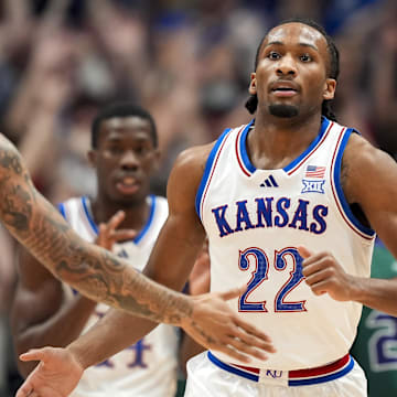 Nov 3, 2025; Lawrence, Kansas, USA; Kansas Jayhawks guard Darryn Peterson (22) reacts after scoring during the first half against the Green Bay Phoenix at Allen Fieldhouse. Mandatory Credit: Jay Biggerstaff-Imagn Images