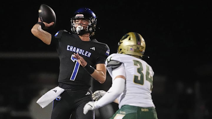 Chandler quarterback Will Mencl (7) throws against Basha defensive end Beckham Murakami (34) during a game at Chandler High School on Oct.25, 2024.