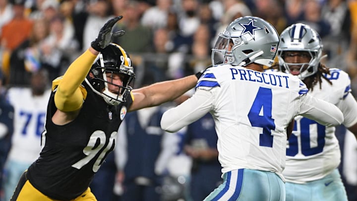 Pittsburgh Steelers linebacker T.J. Watt pressures Dallas Cowboys quarterback Dak Prescott.