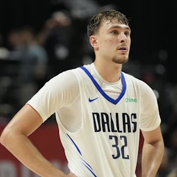 Jul 10, 2025; Las Vegas, NV, USA; Dallas Mavericks forward Cooper Flagg (32) looks on against the Los Angeles Lakers in the third quarter of their game at Thomas & Mack Center. Mandatory Credit: Candice Ward-Imagn Images