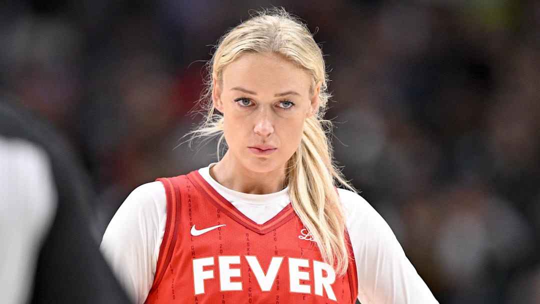 Jun 27, 2025; Dallas, Texas, USA; Indiana Fever guard Sophie Cunningham (8) during the game between the Dallas Wings and the Indiana Fever at the American Airlines Center. Mandatory Credit: Jerome Miron-Imagn Images