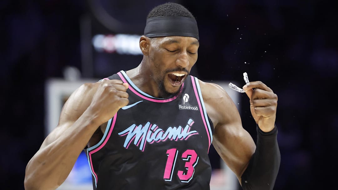 Miami Heat center Bam Adebayo (13) reacts (Mandatory Credit: Rhona Wise-Imagn Images)