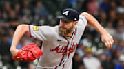 Jun 9, 2025; Milwaukee, Wisconsin, USA; Atlanta Braves starting pitcher Chris Sale (51) throws a pitch in the first inning against the Milwaukee Brewers at American Family Field. 