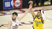 Tyrese Haliburton knocks down a game-winning three against the Cavaliers in the Eastern Conference semifinals.