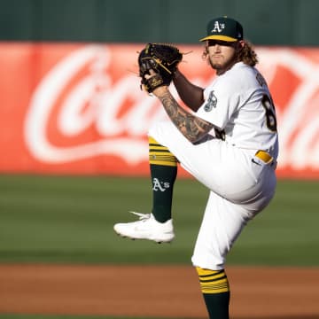 Jul 3, 2024; Oakland, California, USA; Oakland Athletics starting pitcher Joey Estes (68) delivers a pitch against the Los Angeles Angels during the first inning at Oakland-Alameda County Coliseum. Mandatory Credit: D. Ross Cameron-USA TODAY Sports